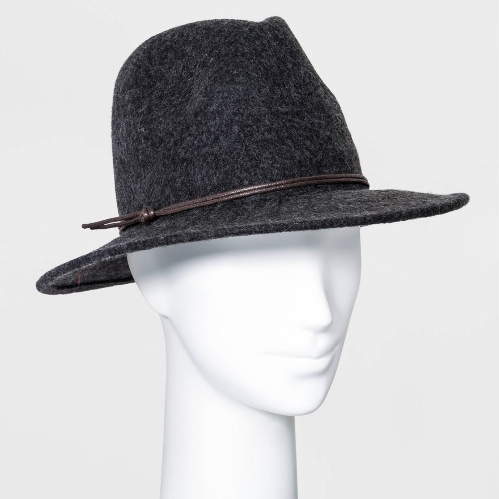 Universal Thread Gray Black Fedora Wide Brim Hat Fall/Winter Hat Leather Detail